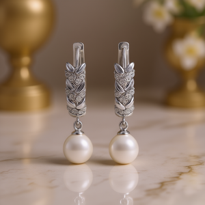 Eleganti Orecchini Pendenti in Oro Bianco con Perle e Diamanti Incastonati, Gioielli da Sposa per Donne, Argento 925, Design Classico a Foglia - Product Image 2