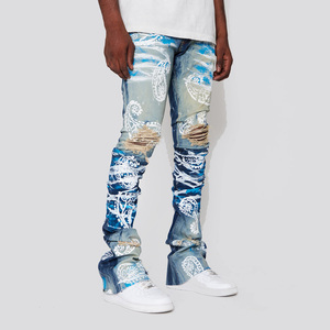 AeeDenim Diseñadores personalizados <span class=keywords><strong>Jeans</strong></span> Hombres Stacked Extendo Flared Screen Print Aguacate Slim <span class=keywords><strong>Tapered</strong></span> Denim <span class=keywords><strong>Jeans</strong></span> Hombres Pantalones largos - Product Image 6