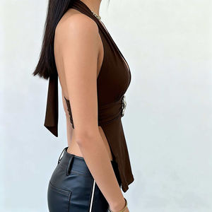 <span class=keywords><strong>Top</strong></span> Corto da Donna con Scollo a V, Dettaglio Fibbia, Schiena Aperta, Design a Corsetto, Traspirante, Anti-Pilling, Casual, Tinta Unita - Product Image 3