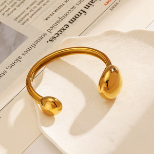 Stainless Steel <b>Bracelet</b> Large Teardrop Shape 18k Gold Plated <b>Adjustable</b> Women's Fashion Bangle - Product Image 3