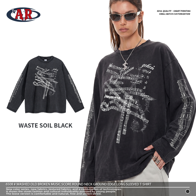 Wholesale Music Notes Print Long Sleeve T-Shirt Men Frayed Washed Distressed 275g 100% Cotton Vintage Streetwear