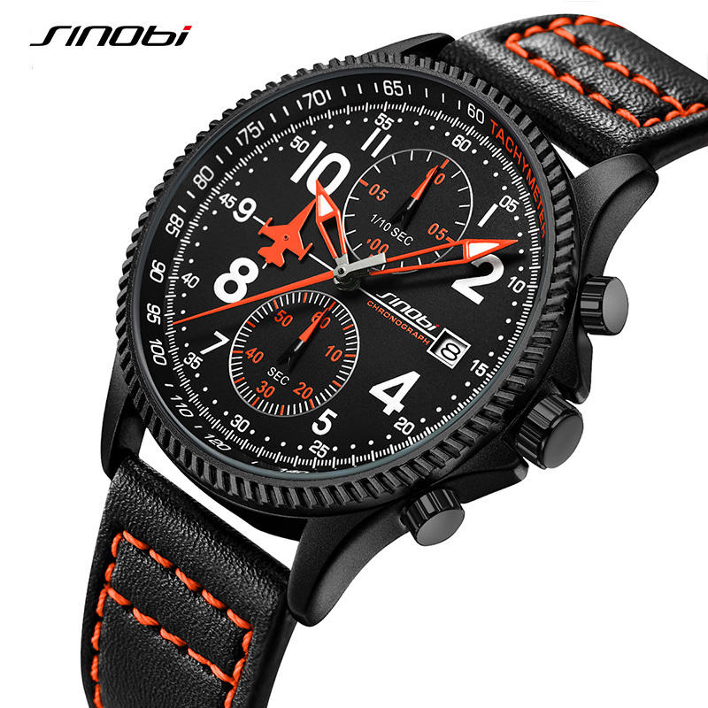 SINOBI Luxury Men's Sport Pilot Wrist Watch Chronograph Pointer Waterproof  Leather Strap Silicone Band OEM Glass Fashion/Sport