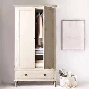 Armario de Roble Macizo Estilo Rústico Francés, Armario Alto de 2 Puertas con Cajón Inferior, Estilo Vintage Americano para Dormitorio - Product Image 1