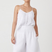 Ensemble d'été en coton et lin solides, dos nu, vêtements pour femmes, dentelle, 2 pièces creuses, gilet court, haut, pantalon large pour femmes
