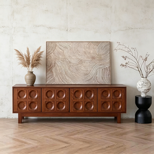 Retro Mid-Century Wooden TV <b>Stand</b> with Embossed Geometric Panel <b>Doors</b>, Media Console for Living Room - Product Image 4