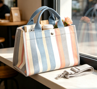 Sac fourre-tout en toile recyclable à rayures colorées avec poignée non tissée longue, petite taille pour femme, usage quotidien et PC
