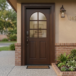 Puerta principal de estilo americano que combina paneles de madera y vidrio curvo, con una elegante cerradura inteligente para mayor seguridad. - Product Image 5