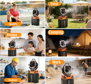 Ventilateur de refroidissement extérieur à piles rechargeables avec pulvérisation d'eau et lumière LED, ventilateur portable pour camping, terrasses et voyages - Product Image 6