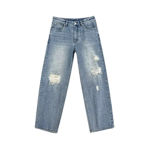 Jean décontracté pour homme 100% coton coupe droite, délavage enzymatique et effet vieilli, style Hip Hop, tissé, coupe régulière, haute qualité - Product Image 4