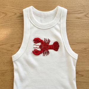 Top Corto Blanco de Algodón de Lujo con Nervaduras, Hecho a Mano, de Alta Calidad, con Bordado de Langosta Roja con Cuentas, Sin Mangas, para Mujer, Verano, Casual - Product Image 3