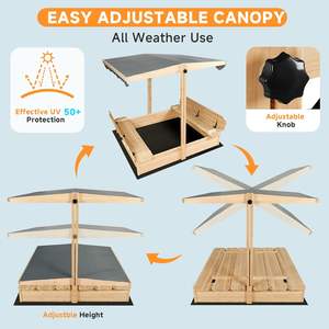 <span class=keywords><strong>Bac</strong></span> <span class=keywords><strong>à</strong></span> <span class=keywords><strong>sable</strong></span> en bois d'extérieur avec auvent réglable, couvercle de banc pliable 48x48 pouces, naturel, pour jardin - Product Image 4