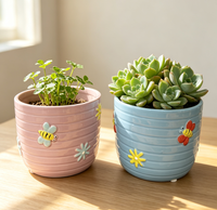 Pot de fleurs en céramique émaillée bleu rayé avec motif nid d'abeille de 4,75 pouces pour plantes d'intérieur, succulentes, herbes et fleurs, pour jardin intérieur ou extérieur