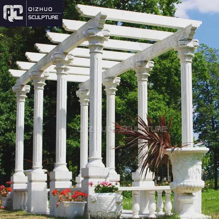 Große Stil größe hand geschnitzte Naturstein Garten Außen dekoration Weißer Marmor Pavillon Pergola Mit Säule