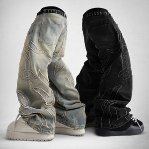 MZN мужские высококачественные хлопковые джинсы с логотипом на заказ Y2K вышивка нашивка винтажные вымытые рваные узкие заклепки в стиле хип-хоп - Product Image 5