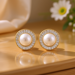 Boucles d'oreilles clous en or E3165 avec perles d'imitation et diamants taille baguette sertis clos, bijoux de mode classiques pour femmes - Product Image 2