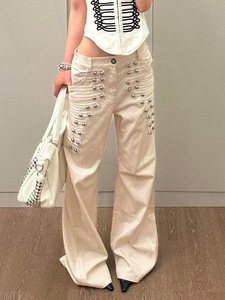 Jeans a Vita Bassa e Gamba Larga da Donna con Decorazioni in Borchie Metalliche, Stile Streetwear, Lunghezza al Pavimento, per Uso Quotidiano Estivo - Product Image 2
