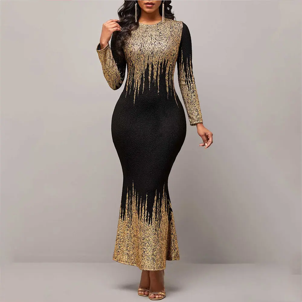 Elegant Bronzing Glitter Long Dress for Women O Neck Long Sleeve High Waist Bag Hip Mermaid Bodycon Party Evening Dresses cotton