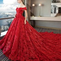 Robes de mariée NDB10326, robe en dentelle à épaules dénudées pour femme enceinte, couleur rouge avec traîne