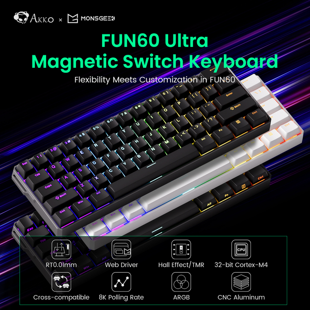 AKKO FUN60 Ultra TMR/HE Magnetic Cherry PBT Keycaps OEM 61 Keys USB-C Programmable Mechanical Keyboard Wireless RGB Backlit Low