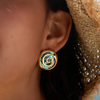 Boucles d'oreilles J&D en or 18 carats PVD martelé, pendantes en coquille de Paua naturelle, géométriques, esthétique bohème, résistantes à l'eau