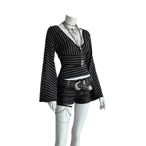T-shirt rayé slim à col en V et manches micro-évasées, plissé croisé, style Y2K Dark Sweet Cool, pour femme, collection <span class=keywords><strong>d</strong></span>ébut de printemps - Product Image 5