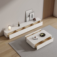 Ensemble meuble TV et table basse de luxe léger et épuré, en bois blanc, meuble de salon, meuble TV sur pied