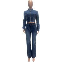 Ensemble 2 pièces prêt à expédier 2026 : Veste en jean et pantalon à manches longues pour femme (tailles S-2XL)