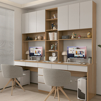 Bureau d'étude double moderne avec bibliothèque, poste de travail personnalisé pour bureau à domicile, armoire de rangement intégrée, mobilier de bureau en bois