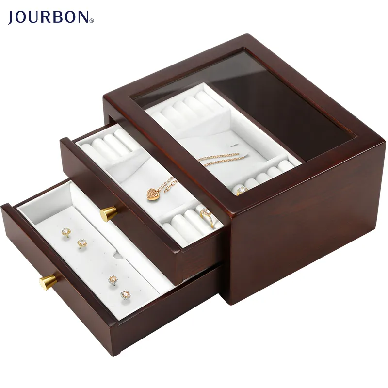 Custom Logo Glass Top Wood Jewelry Organizer Gift Box Velvet Earrings Bracelet Ring Necklace Storage Large Wooden Jewellery Case