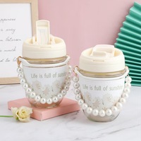 Verre à café domestique à double rayures avec poignée en perles de haute qualité et paille intégrée pour eau et café, excellent cadeau