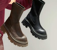 Nouvelles chaussures pour femmes d'automne, noires, à semelles épaisses, talons hauts, fermeture éclair latérale, bottes courtes élastiques couleur chair