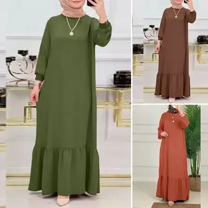 Ruffle HEM hồi giáo abaya phụ nữ cộng với kích thước crewneck dài tay áo Maxi Dress Arabian Dubai hồi giáo áo choàng mà không headscarf