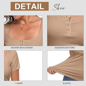เสื้อยืดแขนสั้นผู้หญิง ทรงเข้ารูป กระดุมหน้า ผ้าถักลายริบ สวมใส่สบายๆ - Product Image 4