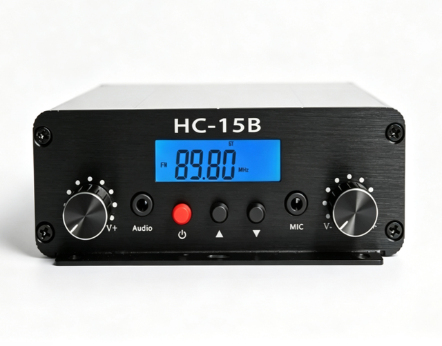 HC-15B 15W FM Transmitter 87.5-108MHz LCD Digital Display Audio MIC Input Radio Broadcast Transmitter