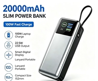 Batterie externe 20000mAh 100W PD à charge rapide avec câble Type C intégré, chargeur portable pour ordinateur portable et téléphone, usine OEM