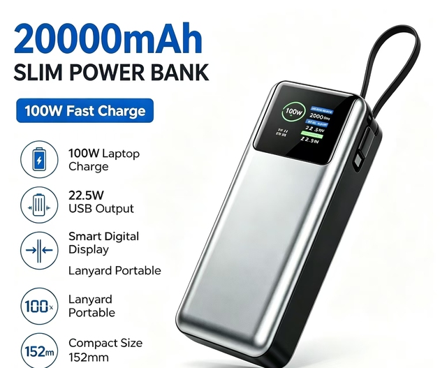 20000mAh 100W PD Fast Charging Power Bank Built in Type C Cable Portable Charger for Laptop Phone OEM Factory