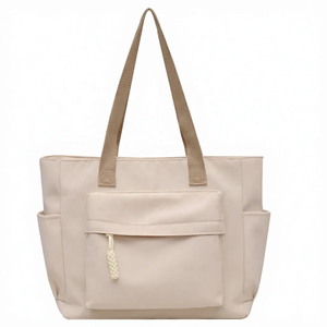 Grand sac fourre-tout en toile pour femmes avec poche zippée - Poignée souple - Minimaliste - Sac de shopping à bandoulière - Beige - Vente en gros personnalisée - Product Image 2