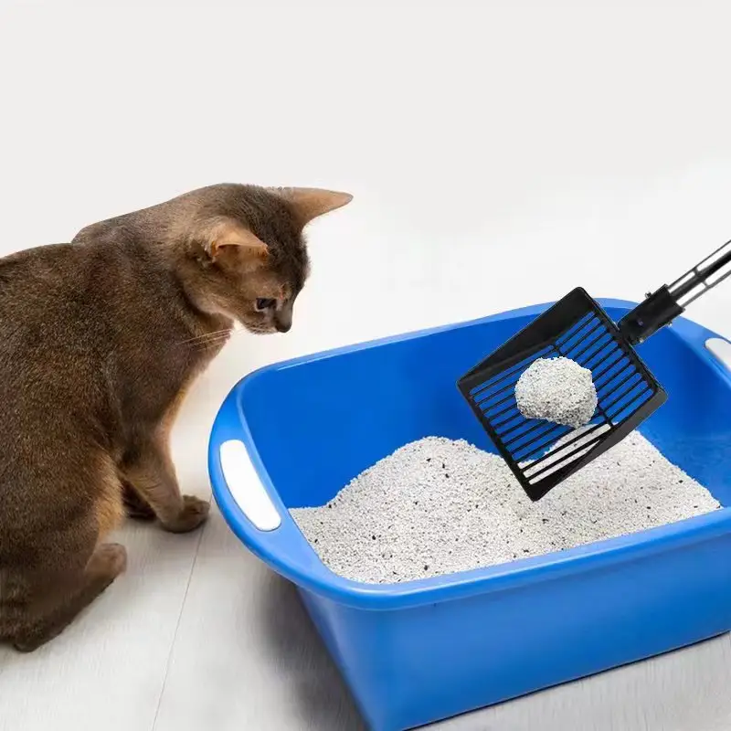 Pet temizlik malzemeleri kullanımlık köpük yastıklı kavrama derin kürek uzun sap Metal kedi kumu kepçesi