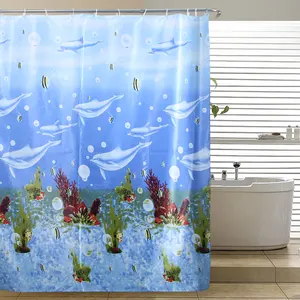 可爱动物图案企鹅和鱼涤纶织物浴帘动画儿童浴室设计