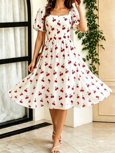 Robe longue décontractée pour femme, personnalisée, motif cerises, col carré, manches courtes bouffantes, taille haute élastique, coupe trapèze - Product Image 4