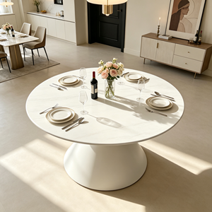 Table à manger minimaliste ronde en pierre frittée, base en forme de sablier blanc crème, pour la maison, salle à manger, café, hôtel, restaurant - Product Image 1
