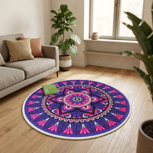 <b>Round</b> Bohemian Medallion Area Jute <b>Rug</b> Blue <b>White</b> Pattern Non-Slip Rubber Backing Living Room Floor Mat Made in Bangladesh - Product Image 3