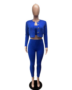Tenues d'automne pour femmes, ensembles de vêtements de détente en tricot <span class=keywords><strong>3</strong></span> pièces, cardigan court, leggings moulants unis - Product Image 2