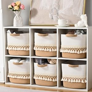 Boho Large Woven Cotton Rope Storage Bins Heavy Tassel Shelf <strong>Baskets</strong> Organizing <strong>Cube</strong> Organizer Bins for Baby's Clothes - Product Image 6
