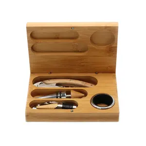 Wholesale 5 Pieces Wooden Bamboo Box Wine Bottle Corkscrew Gift Set Wine Opener Set