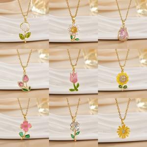 Collane di lusso per ragazze in rame e zircone con fiori colorati a <span class=keywords><strong>tulipano</strong></span> rosa ciondolo per san valentino da donna regalo <span class=keywords><strong>collana</strong></span> di fiori ad uno strato - Product Image 1