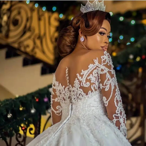 Factory Price 2025 New Illusion African Ball Gown <b>Wedding</b> <b>Dress</b> <b>Long</b> <b>Sleeve</b> Beading Lace Bridal Gown Printed Vestido De Noiva - Product Image 3