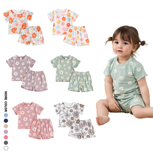 Tenues d'été pour bébés filles, ensemble mignon avec t-shirts à manches courtes à volants et shorts floraux, ensemble de vêtements 2 pièces - Product Image 1