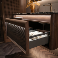 Ensemble de meubles de salle de bain en bois massif de style ferme chinoise, personnalisé, avec comptoir en pierre de luxe, lavabo en céramique sans joint, miroir de maquillage à LED
