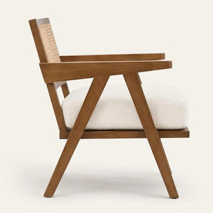 Fauteuil lounge moderne du milieu du siècle en bois avec dossier en rotin et coussin blanc pour salon, en velours, rotin et bois - Product Image 4